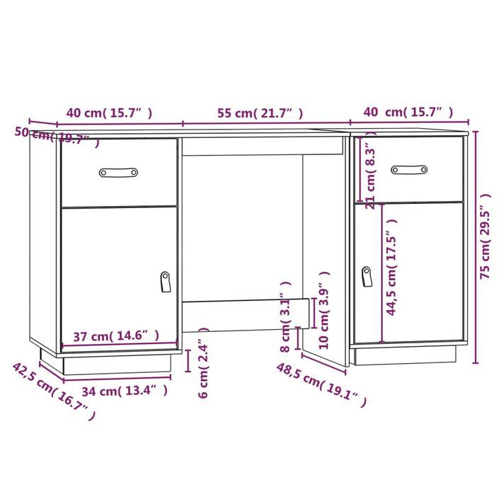 Bureau avec armoires Noir 135x50x75 cm Bois massif de pin - Photo n°10