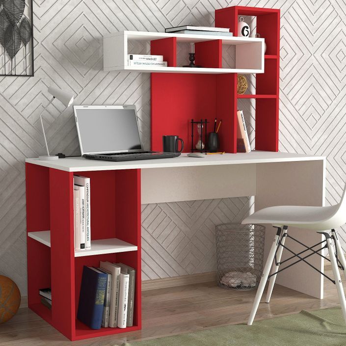 Bureau avec étagère intégré bois rouge et blanc Ciska 120 - Photo n°2