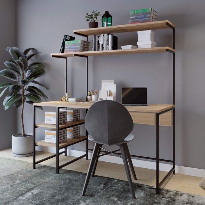 Bureau avec étagères bois clair et méatle noir Bibola 140 cm - Photo n°3