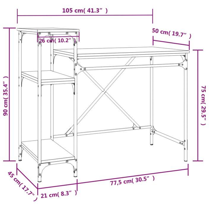 Bureau avec étagères chêne 105x50x90cm bois d'ingénierie et fer - Photo n°8