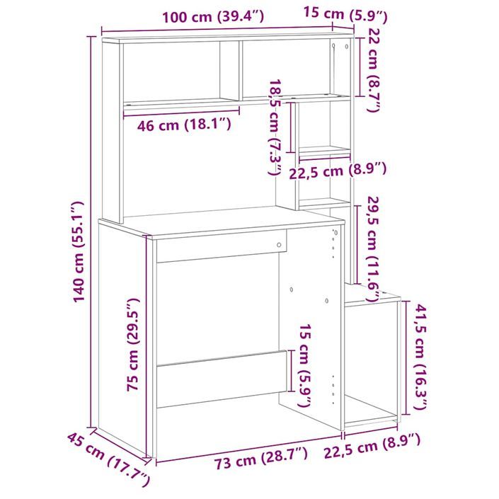 Bureau avec étagères chêne fumé 100x45x140 cm bois d'ingénierie - Photo n°9