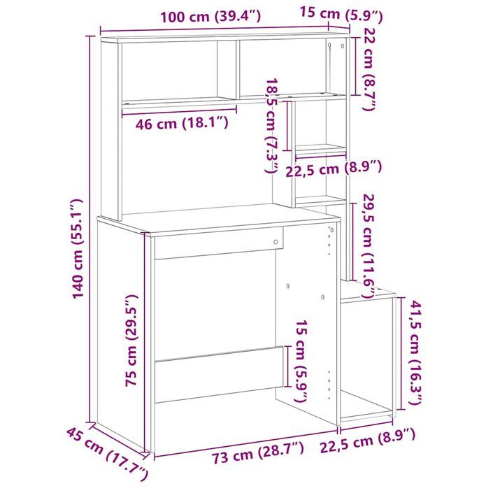 Bureau avec étagères gris béton 100x45x140 cm bois d'ingénierie - Photo n°9