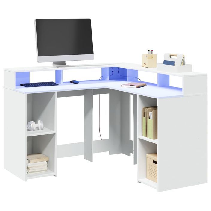 Bureau avec lumières LED blanc 130x130x91 cm bois d'ingénierie - Photo n°1