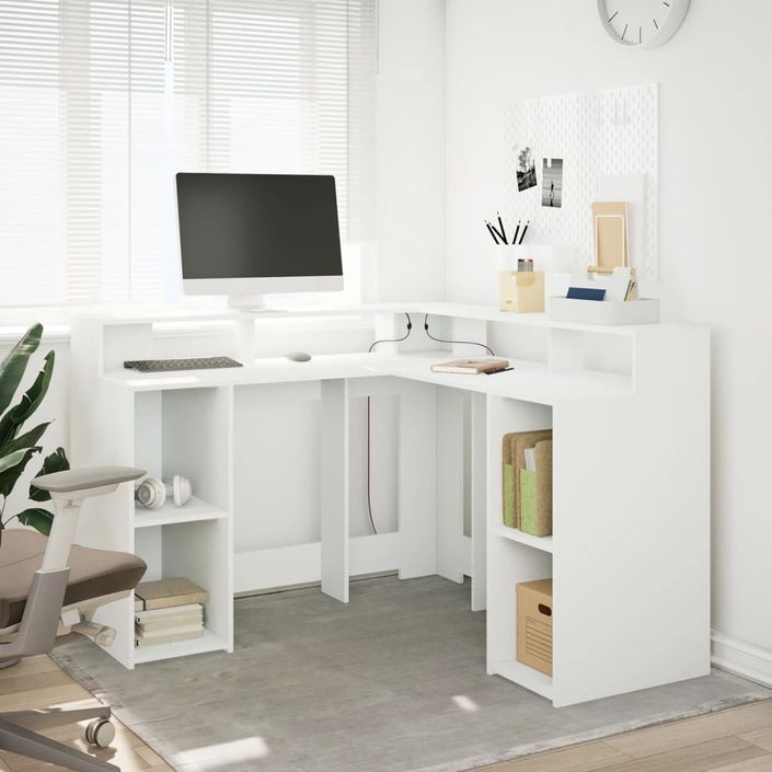 Bureau avec lumières LED blanc 130x130x91 cm bois d'ingénierie - Photo n°4