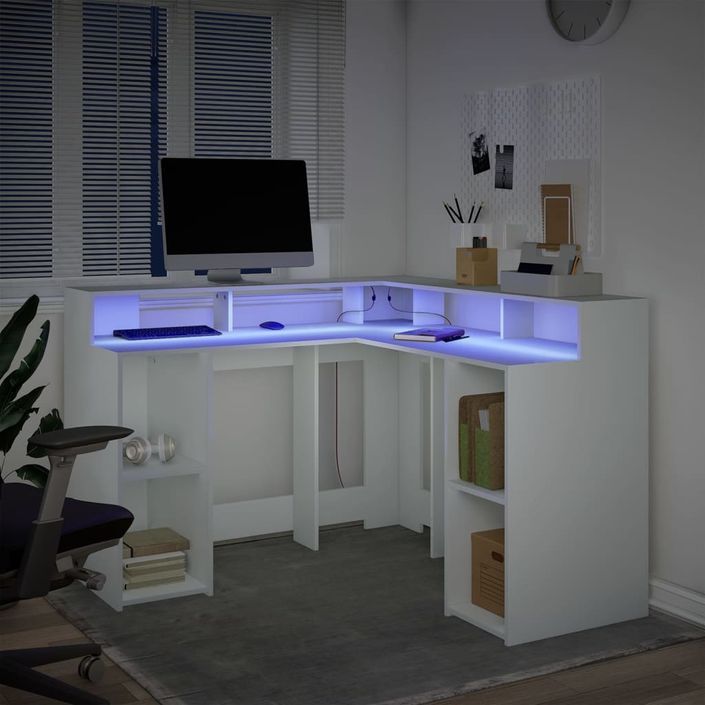 Bureau avec lumières LED blanc 130x130x91 cm bois d'ingénierie - Photo n°5