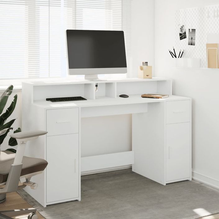 Bureau avec lumières LED blanc 140x55x91 cm bois d'ingénierie - Photo n°4