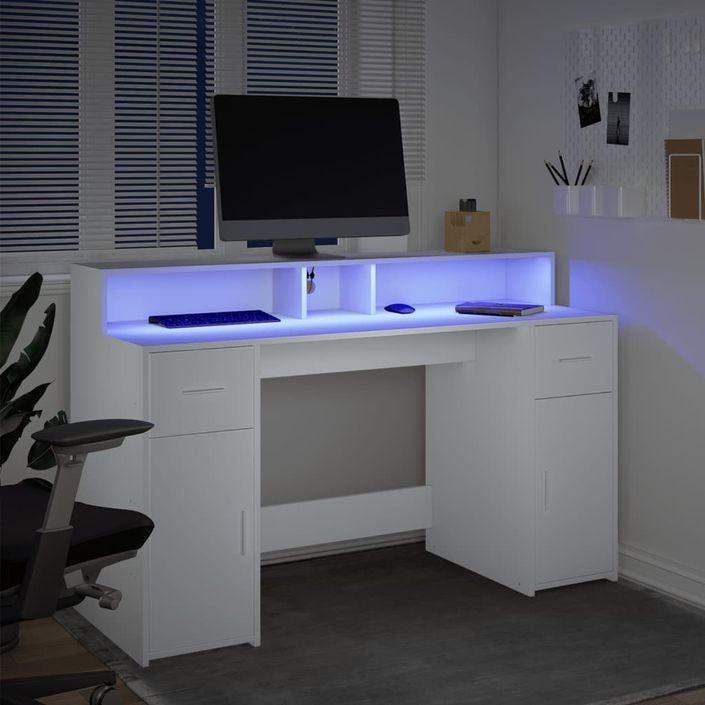 Bureau avec lumières LED blanc 140x55x91 cm bois d'ingénierie - Photo n°5