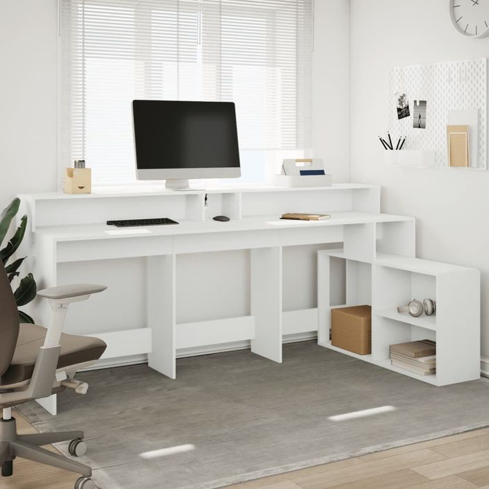 Bureau avec lumières LED blanc 200x104x91 cm bois d'ingénierie - Photo n°4