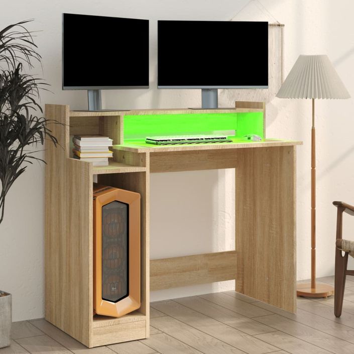 Bureau avec lumières LED Chêne 97x45x90 cm Bois d'ingénierie - Photo n°4