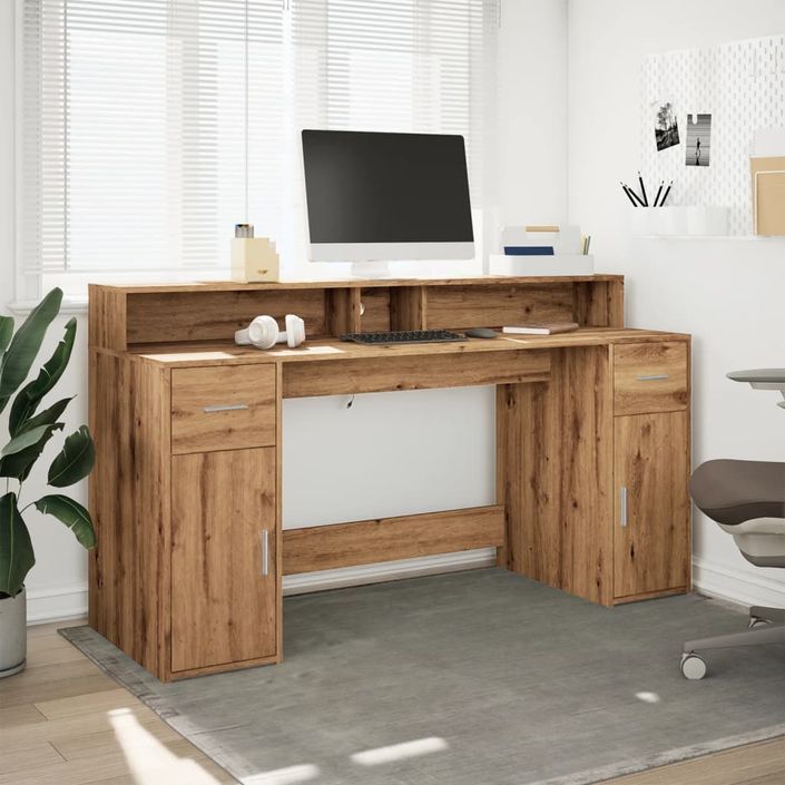 Bureau avec lumières LED chêne artisanal bois d'ingénierie - Photo n°4