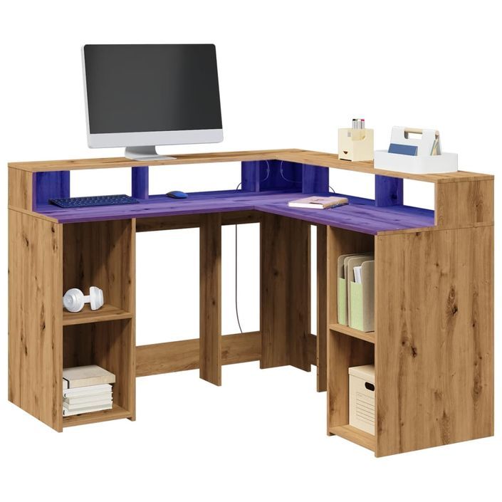 Bureau avec lumières LED chêne artisanal bois d'ingénierie - Photo n°1