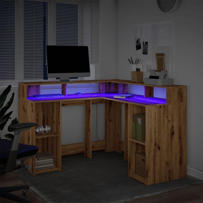 Bureau avec lumières LED chêne artisanal bois d'ingénierie - Photo n°5