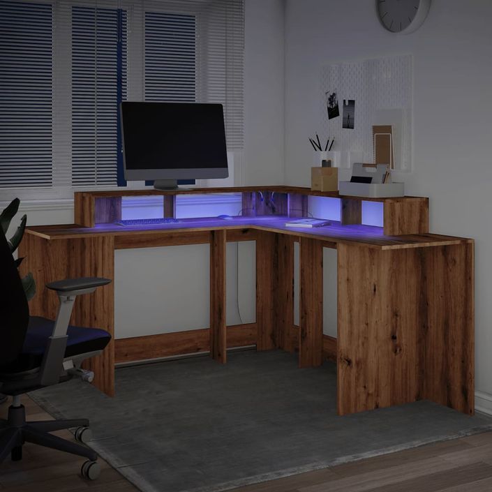 Bureau avec lumières LED chêne artisanal bois d'ingénierie - Photo n°5