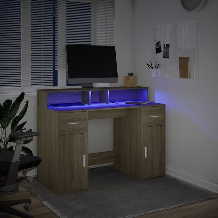 Bureau avec lumières LED chêne sonoma bois d'ingénierie - Photo n°5