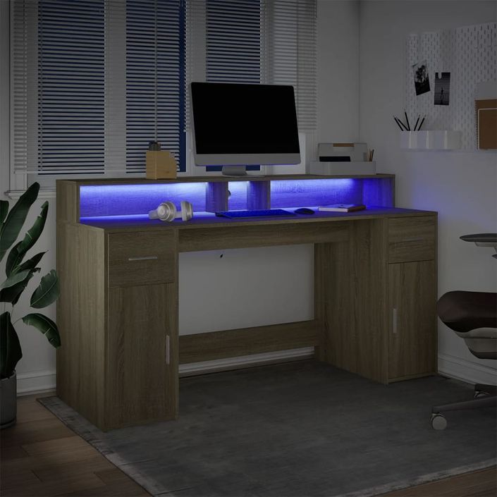 Bureau avec lumières LED chêne sonoma bois d'ingénierie - Photo n°5