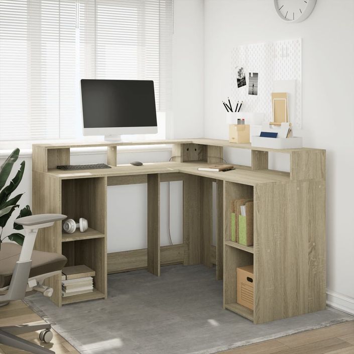 Bureau avec lumières LED chêne sonoma bois d'ingénierie - Photo n°4