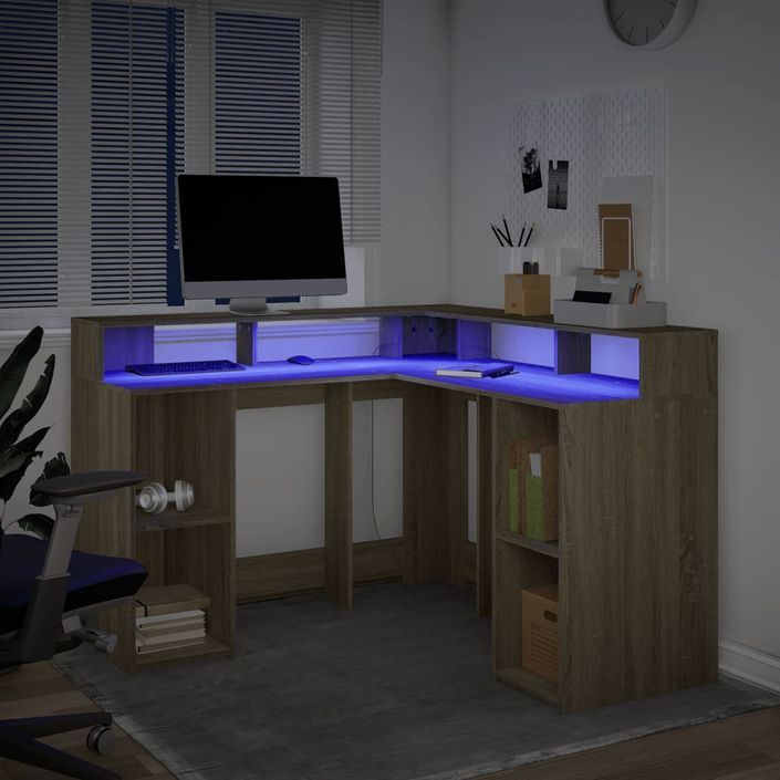 Bureau avec lumières LED chêne sonoma bois d'ingénierie - Photo n°5