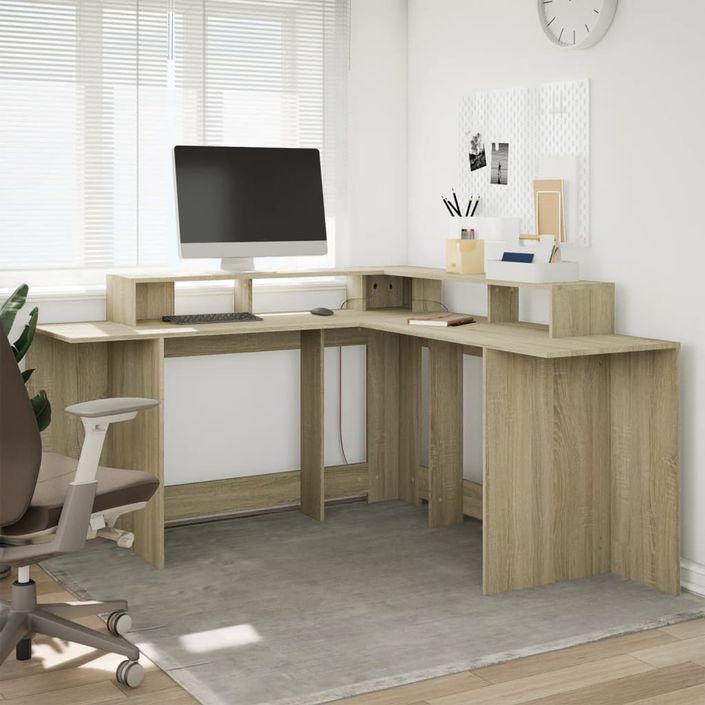 Bureau avec lumières LED chêne sonoma bois d'ingénierie - Photo n°4