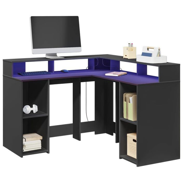 Bureau avec lumières LED noir 130x130x91 cm bois d'ingénierie - Photo n°1