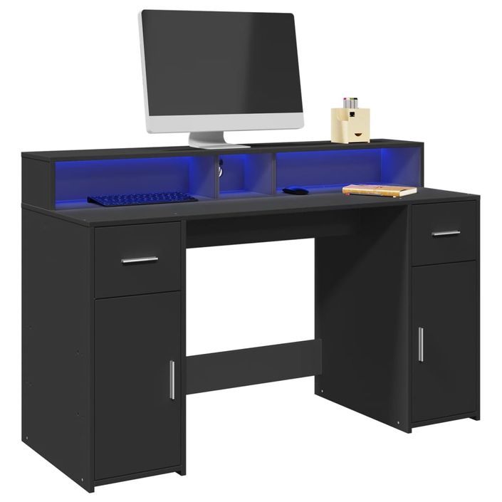 Bureau avec lumières LED noir 140x55x91 cm bois d'ingénierie - Photo n°1