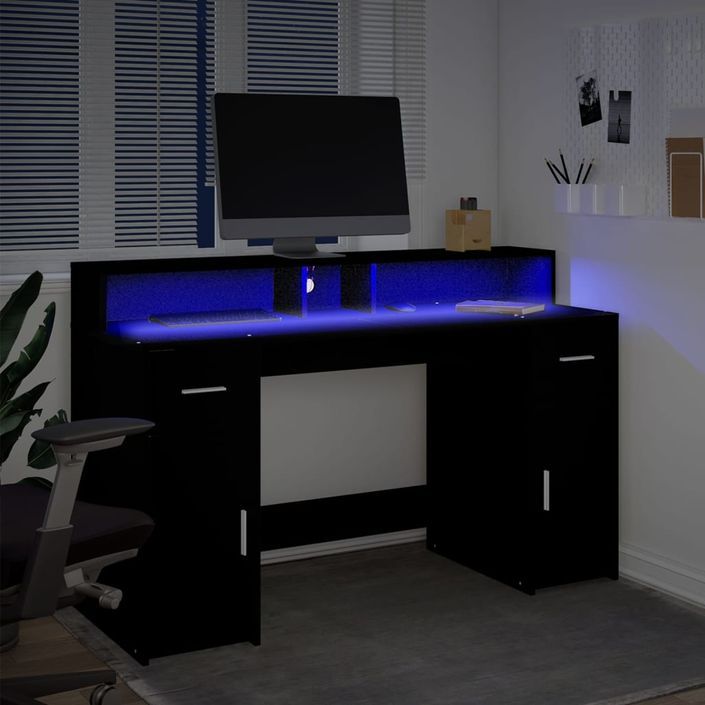 Bureau avec lumières LED noir 140x55x91 cm bois d'ingénierie - Photo n°5