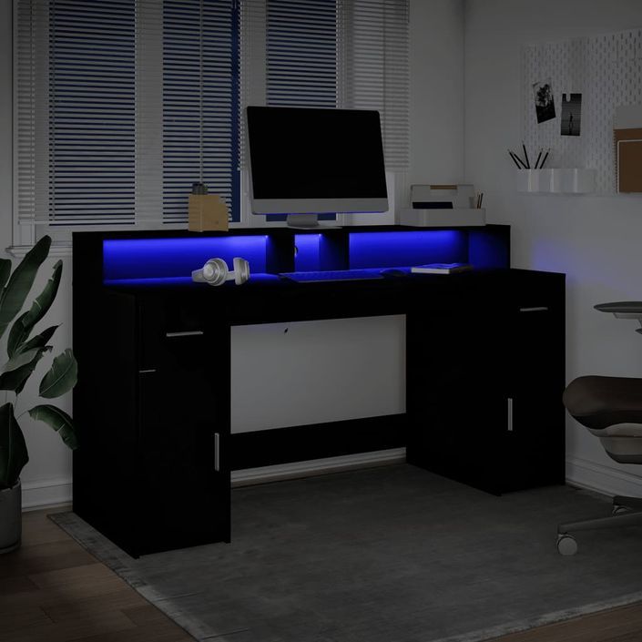 Bureau avec lumières LED noir 160x55x91 cm bois d'ingénierie - Photo n°5