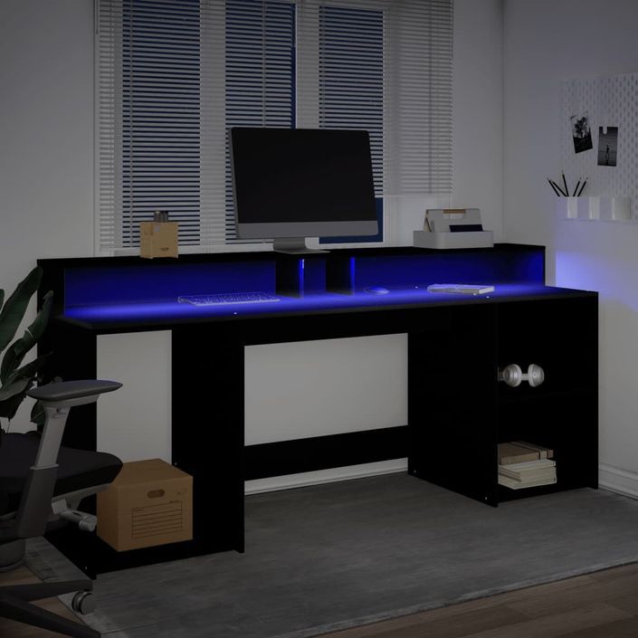 Bureau avec lumières LED noir 200x55x91 cm bois d'ingénierie - Photo n°5