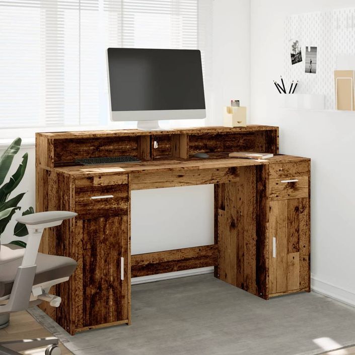 Bureau avec lumières LED vieux bois bois d'ingénierie - Photo n°4