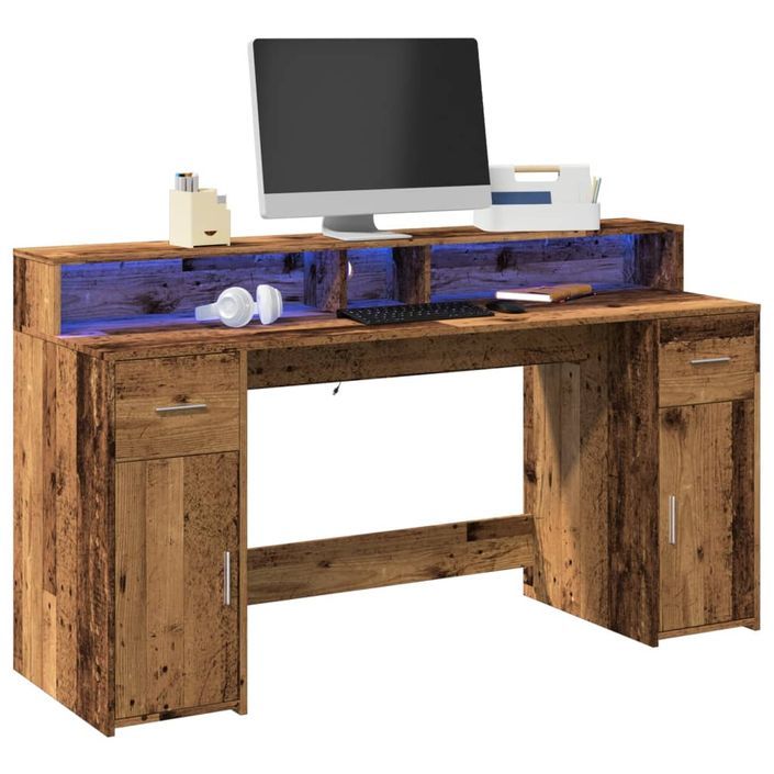 Bureau avec lumières LED vieux bois bois d'ingénierie - Photo n°1