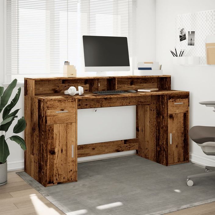 Bureau avec lumières LED vieux bois bois d'ingénierie - Photo n°4