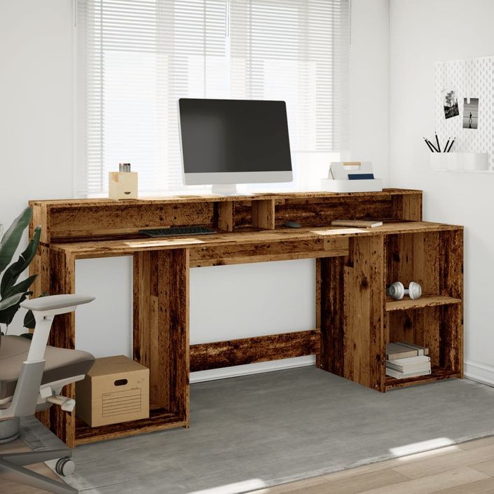 Bureau avec lumières LED vieux bois bois d'ingénierie - Photo n°4