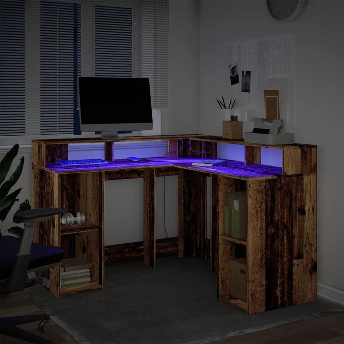 Bureau avec lumières LED vieux bois bois d'ingénierie - Photo n°5