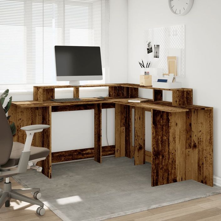 Bureau avec lumières LED vieux bois bois d'ingénierie - Photo n°4