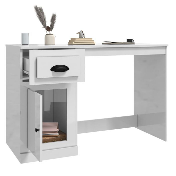 Bureau avec tiroir blanc brillant 115x50x75cm bois d'ingénierie - Photo n°5