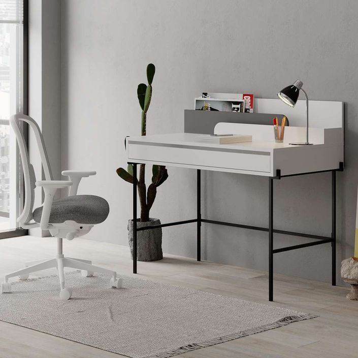 Bureau avec tiroir bois blanc et anthracite avec des pieds en métal noir Kinza 108 cm - Photo n°2