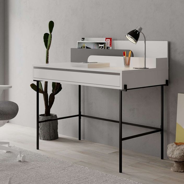 Bureau avec tiroir bois blanc et anthracite avec des pieds en métal noir Kinza 108 cm - Photo n°4