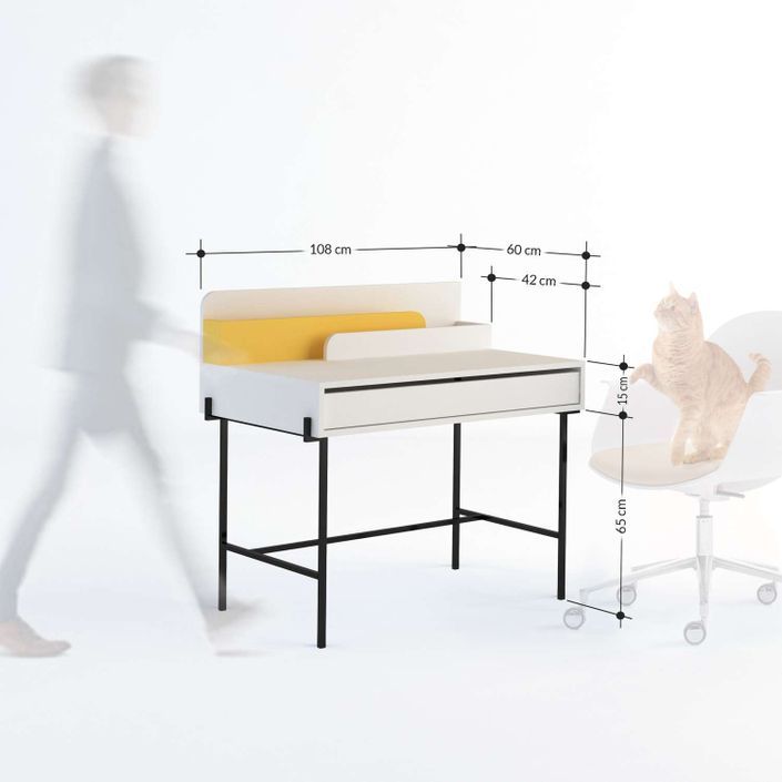 Bureau avec tiroir bois blanc et anthracite avec des pieds en métal noir Kinza 108 cm - Photo n°8