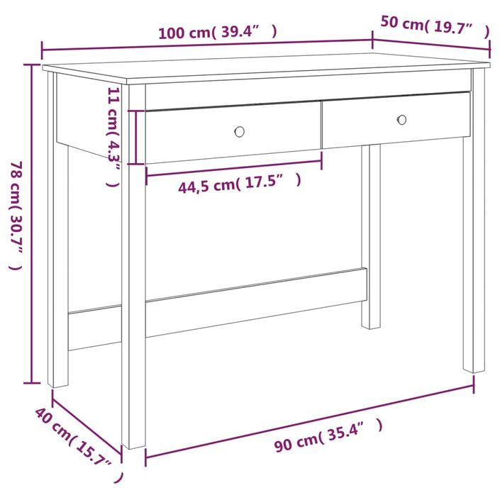 Bureau avec tiroirs 100x50x78 cm Bois massif de pin - Photo n°10