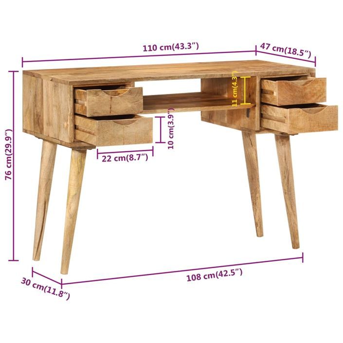 Bureau avec tiroirs 110x47x76 cm bois de manguier solide - Photo n°10