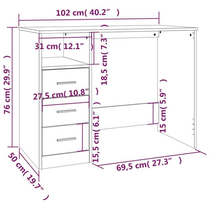 Bureau avec tiroirs Blanc 102x50x76 cm Bois d'ingénierie - Photo n°9