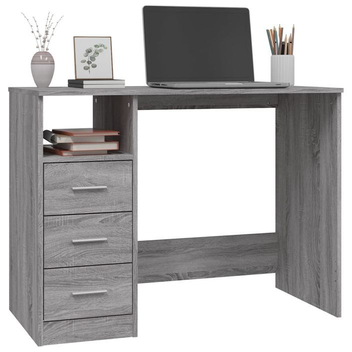 Bureau avec tiroirs Sonoma gris 102x50x76 cm Bois d'ingénierie - Photo n°4