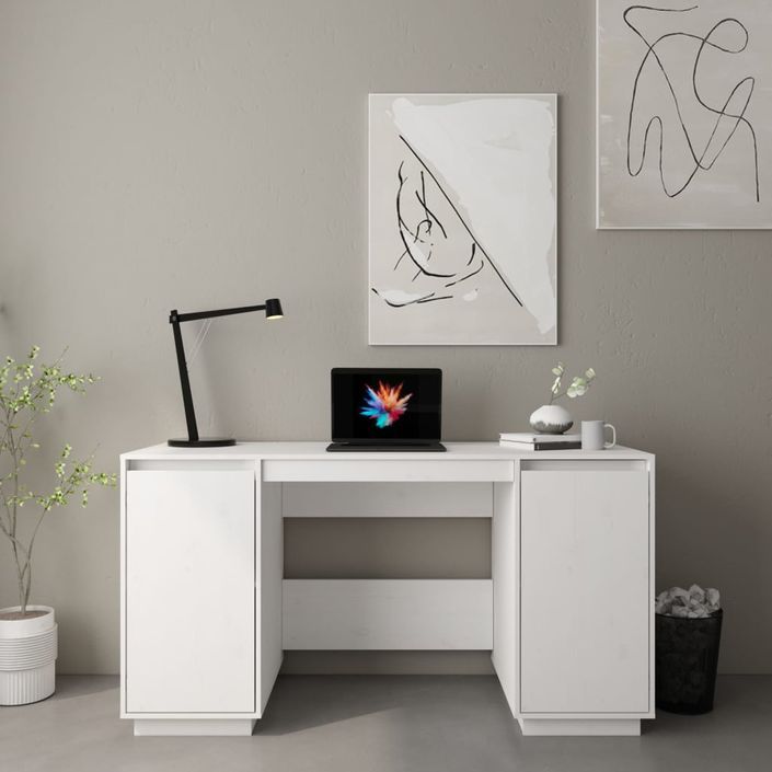 Bureau blanc 140x50x75 cm bois massif de pin - Photo n°1