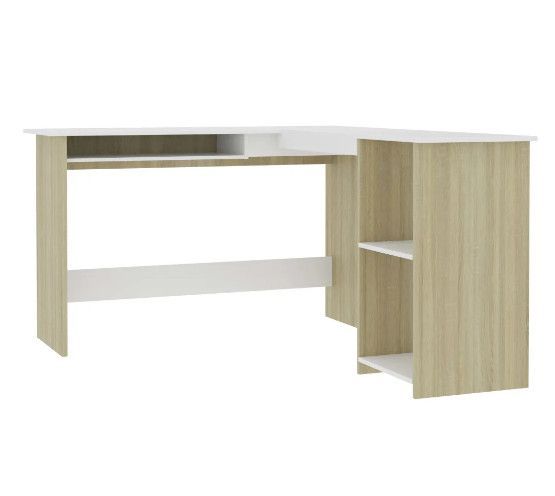 Bureau d'angle 1 tiroir 2 étagères bois blanc et chêne sonoma Jayden - Photo n°1