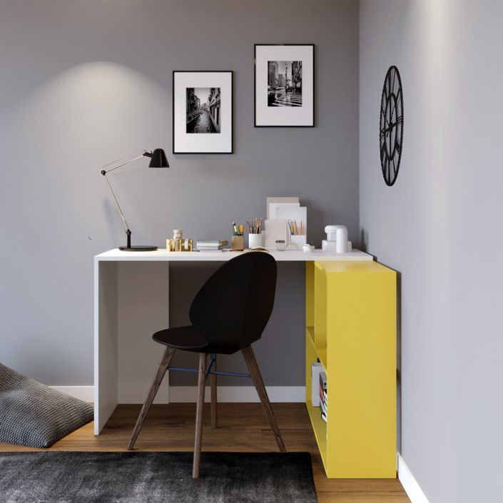 Bureau d'angle avec étagère bois blanc et jaune Kaliopa 120 cm - Photo n°5