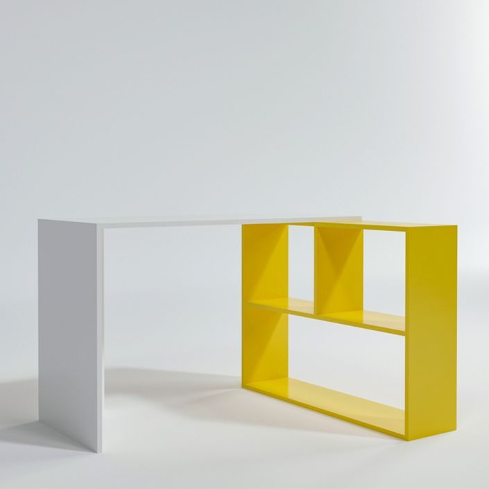 Bureau d'angle avec étagère bois blanc et jaune Kaliopa 120 cm - Photo n°3