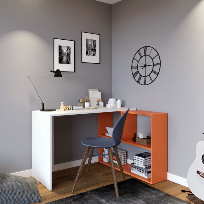 Bureau d'angle avec étagère bois blanc et orange Kaliopa 120 cm - Photo n°2