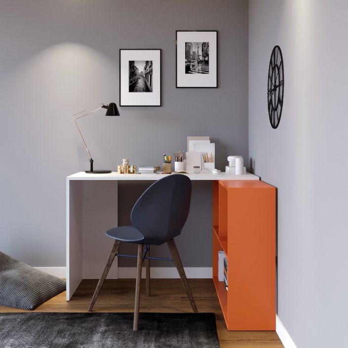 Bureau d'angle avec étagère bois blanc et orange Kaliopa 120 cm - Photo n°5