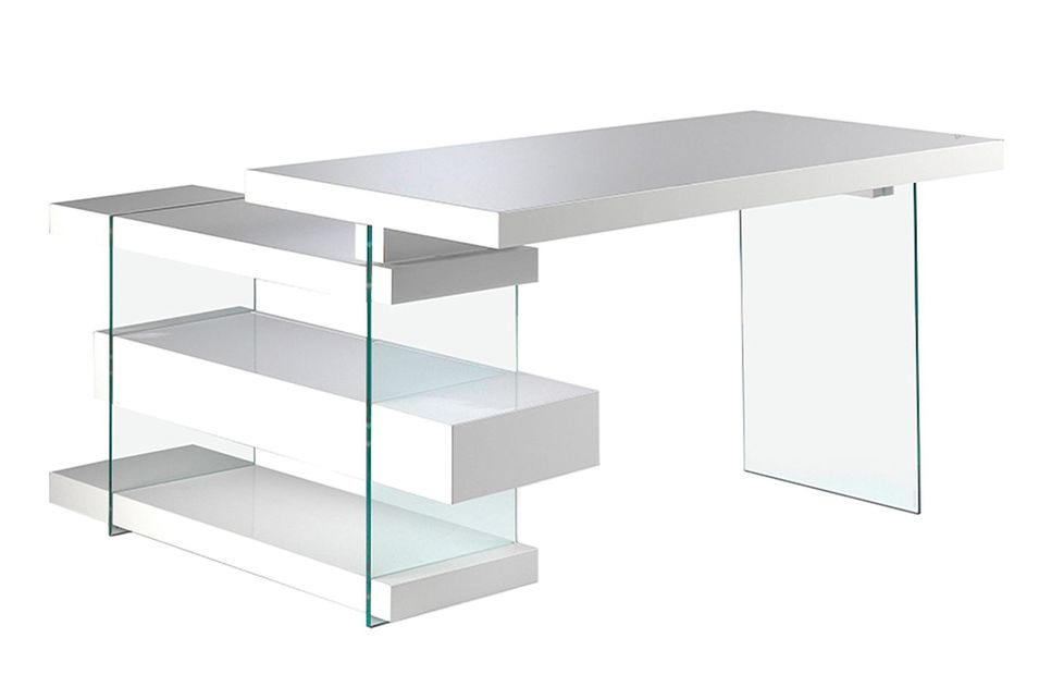 Bureau d'angle moderne Moza 140 cm - Laque blanc et verre trempé - Photo n°2