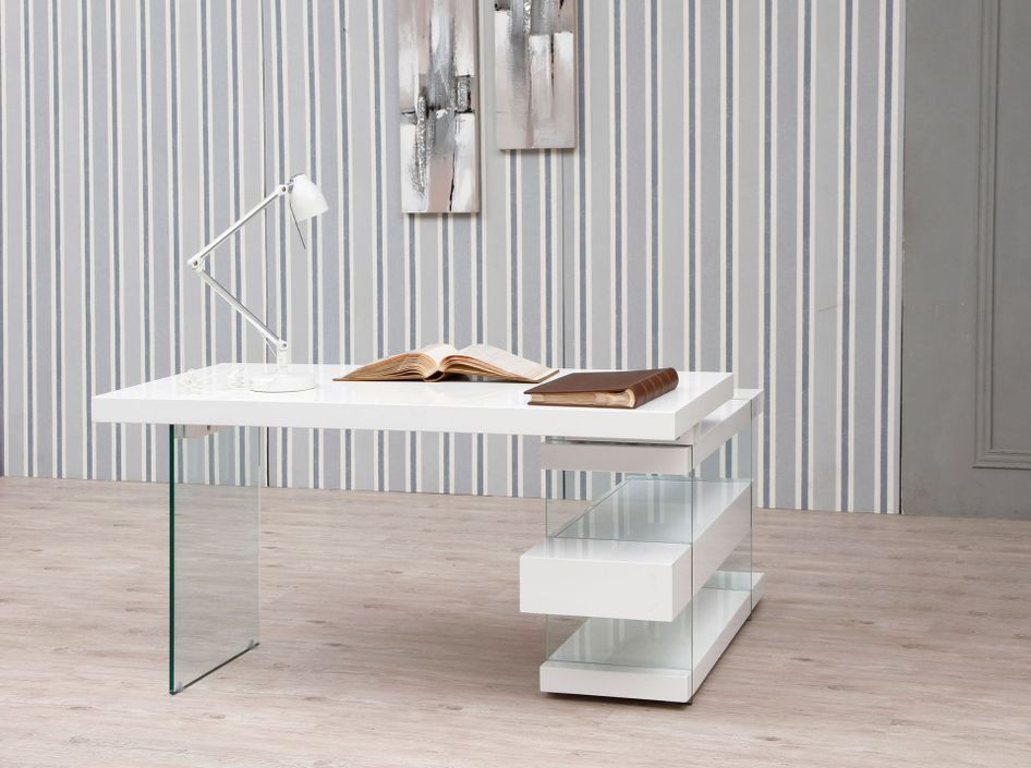 Bureau d'angle moderne Moza 140 cm - Laque blanc et verre trempé - Photo n°3