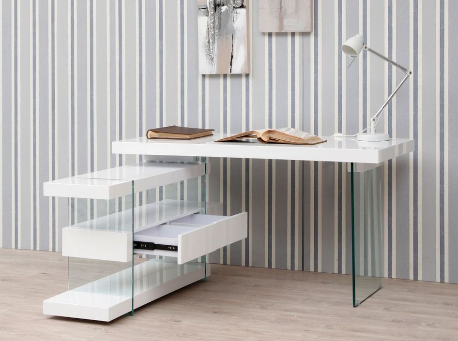 Bureau d'angle moderne Moza 140 cm - Laque blanc et verre trempé - Photo n°4